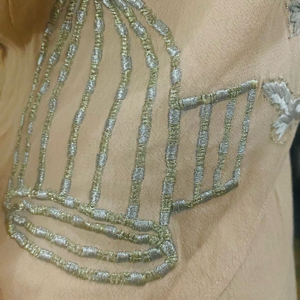 Sheep Brand Indian Elegant Tan Dress with Floral Design Bird Cage Embroidered - Picture 3 of 7